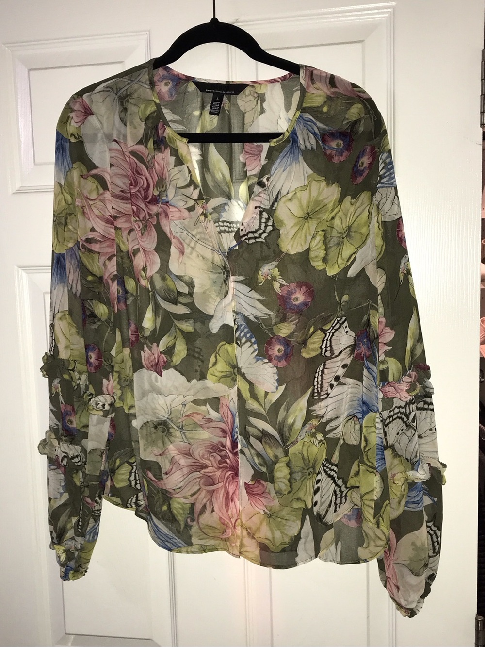 White House Black Market Olive Multi Floral & Butterfly Sheer Blouse